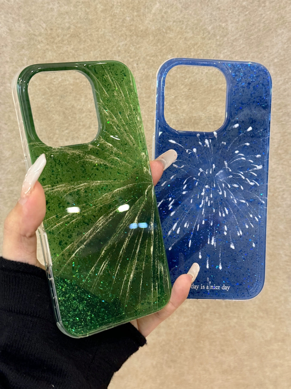 Translucent Blue Smoke Green Fireworks Glitter Shiny Aesthetic Phone Case Suitable for iPhone16 iPhone15 iPhone14 iPhone13