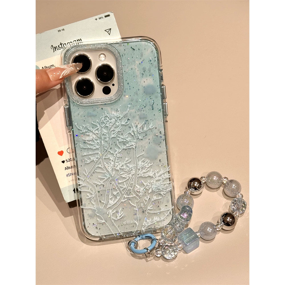 Gradual Change Blue Glitter Lines Small Tree Aesthetics Mobile Phone Case with Mobile Phone Chain Pendant Suitable for iPhone16 iPhone15 iPhone14 iPhone13