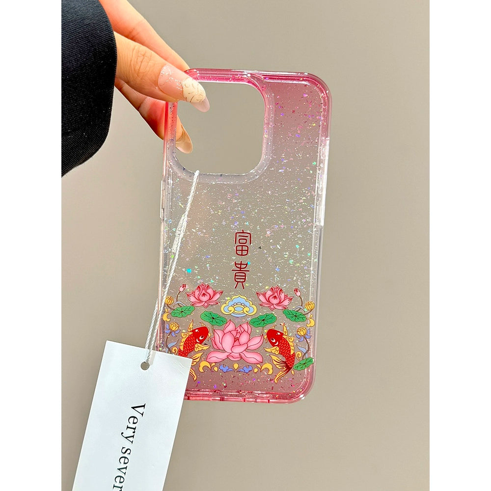 Sequined Double-layer Rich Lotus Koi Transparent Mobile Phone Case Suitable for iPhone16 iPhone15 iPhone14 iPhone13