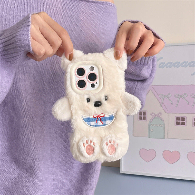 Plush Cute Scarf Puppy Cartoon Phone Case Suitable for iPhone16 iPhone15 iPhone14 iPhone13