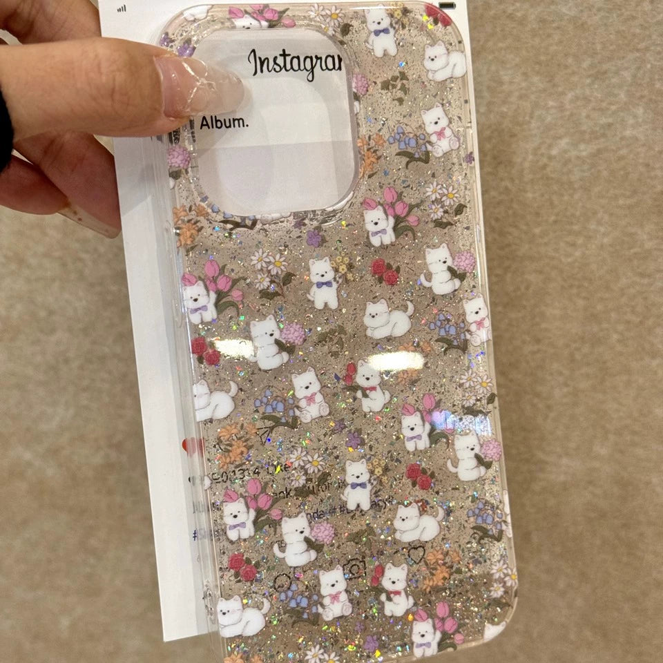 Cartoon Translucent Glitter Flower Puppy Cute Aesthetic Phone Case Suitable for iPhone16 iPhone15 iPhone14 iPhone13