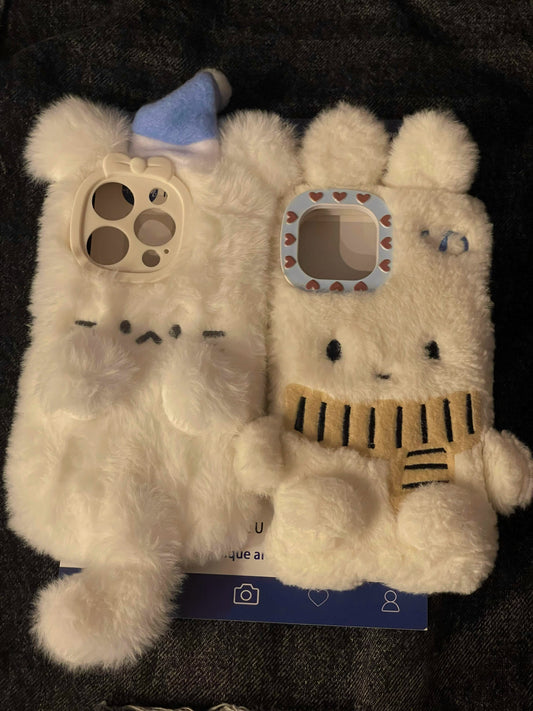 Cartoon Cat Rabbit Plush White Cute Phone Case Suitable for iPhone16 iPhone15 iPhone14 iPhone13