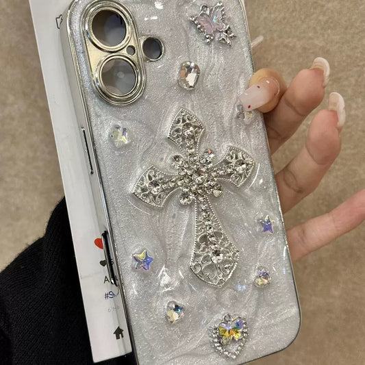 Three-dimensional Cross Diamond Shiny Aesthetic Mobile Phone Case Suitable for iPhone16 iPhone15 iPhone14 iPhone13