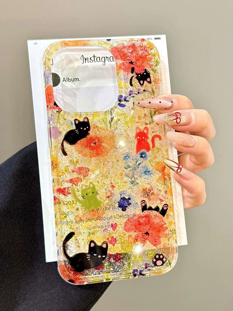 Transparent Yellow Cute Glitter Flower Cat Mobile Phone Case with Mobile Phone Chain Pendant Suitable for iPhone16 iPhone15 iPhone14 iPhone13