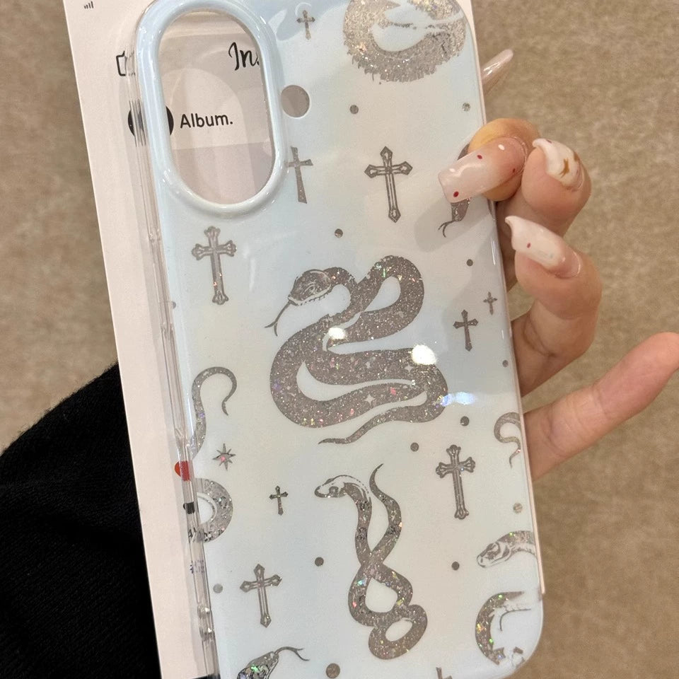 White Hollow Shiny Snake Art Aesthetic Mobile Phone Case with Mobile Phone Chain Pendant Coquette Phone Case Suitable for iPhone16 iPhone15 iPhone14 iPhone13