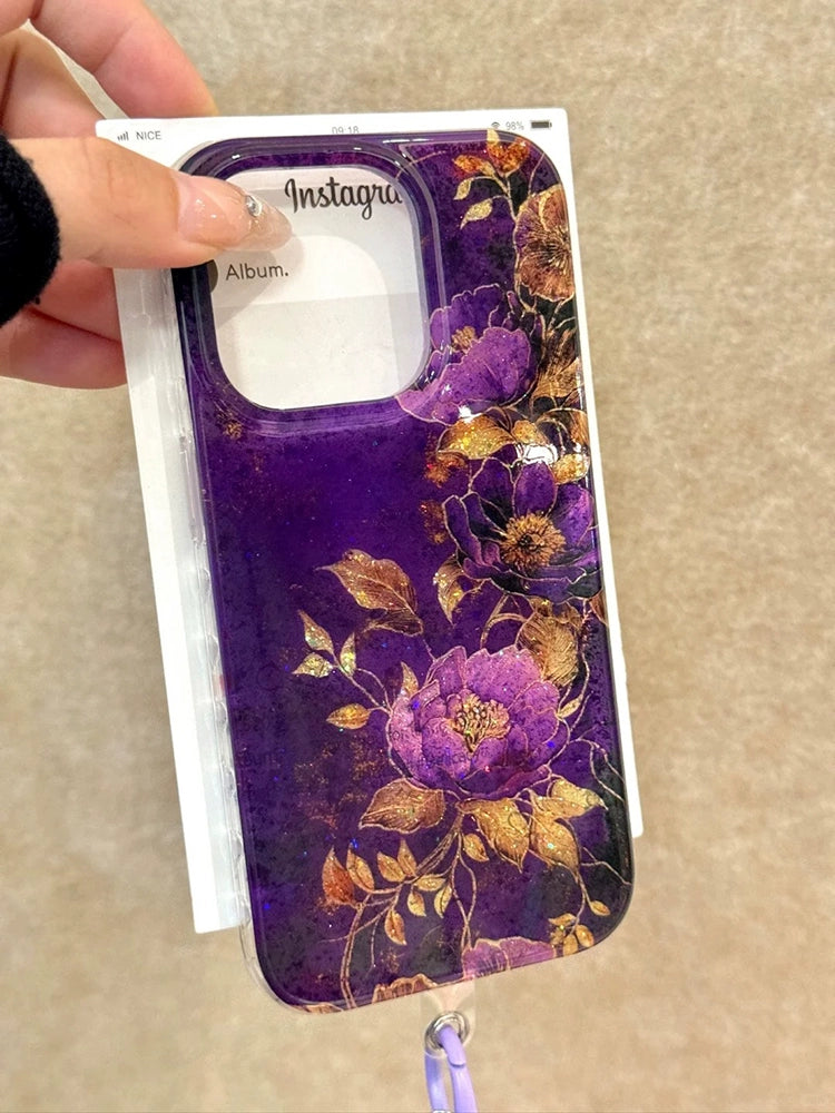 Transparent Purple Golden Peony Purple Bead Chain Aesthetic Mobile Phone Case with Mobile Phone Chain Pendant Suitable for iPhone16 iPhone15 iPhone14 iPhone13