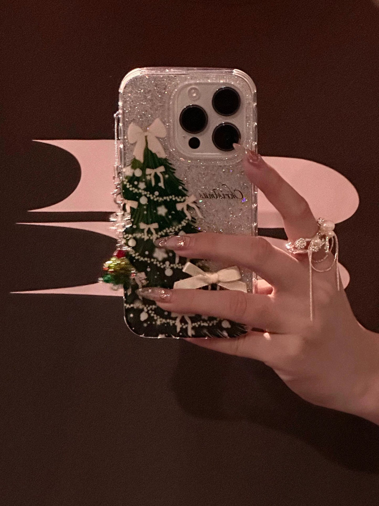 Glitter Bow Christmas Tree Aesthetic Phone Case Suitable for iPhone16 iPhone15 iPhone14 iPhone13