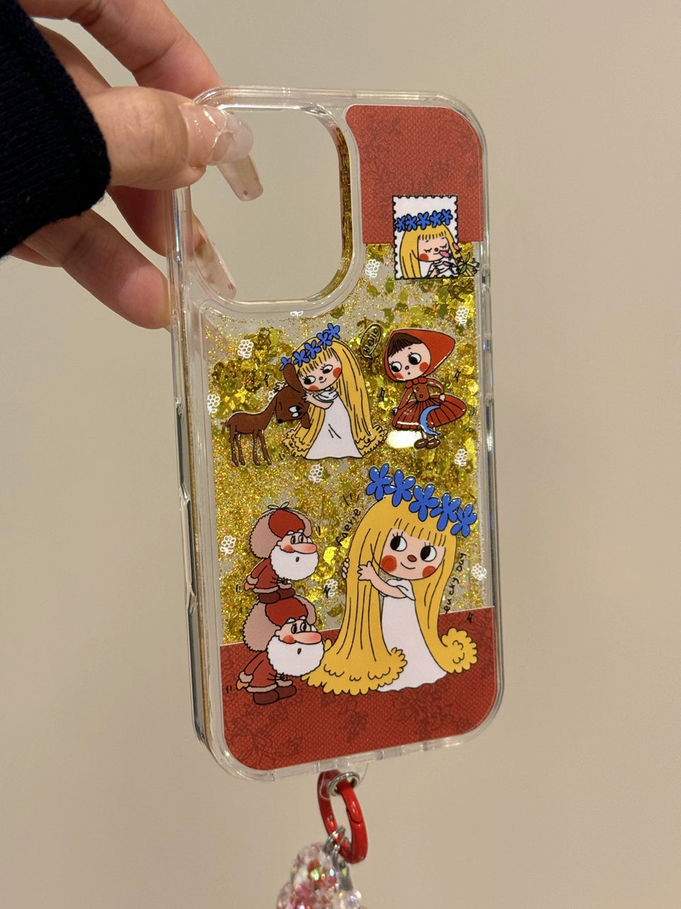 Cute Fairy Elf Golden Quicksand Glitter Aesthetic Mobile Phone Case with Mobile Phone Chain Pendant Suitable for iPhone16 iPhone15 iPhone14 iPhone13