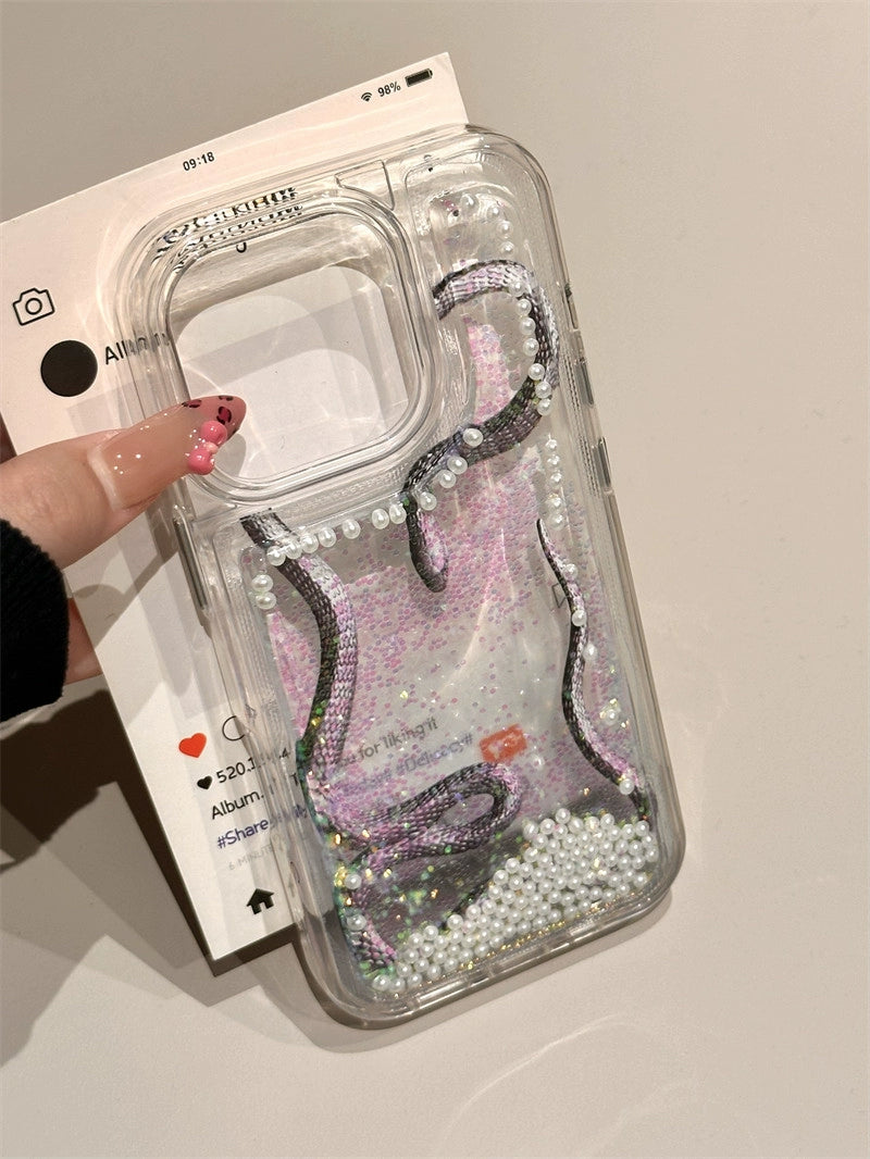 Purple Blue Snake Electroplated Colored Beads Quicksand Aesthetic Mobile Phone Case, Suitable for iPhone16proMAX iPhone15 iPhone14 iPhone13 All-inclusive Fun Girl Mobile Phone Case