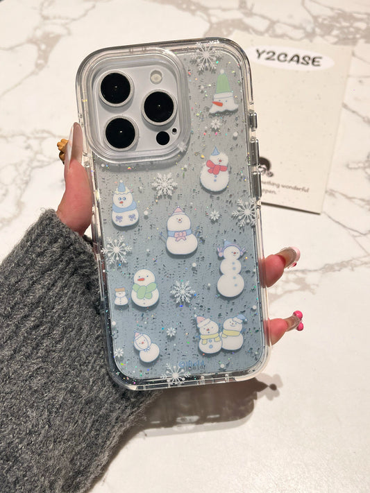 Glitter Snowman Illustration Aesthetic Silicone Mobile Phone Case with Mobile Phone Chain Pendant Suitable for iPhone16 iPhone15 iPhone14 iPhone13