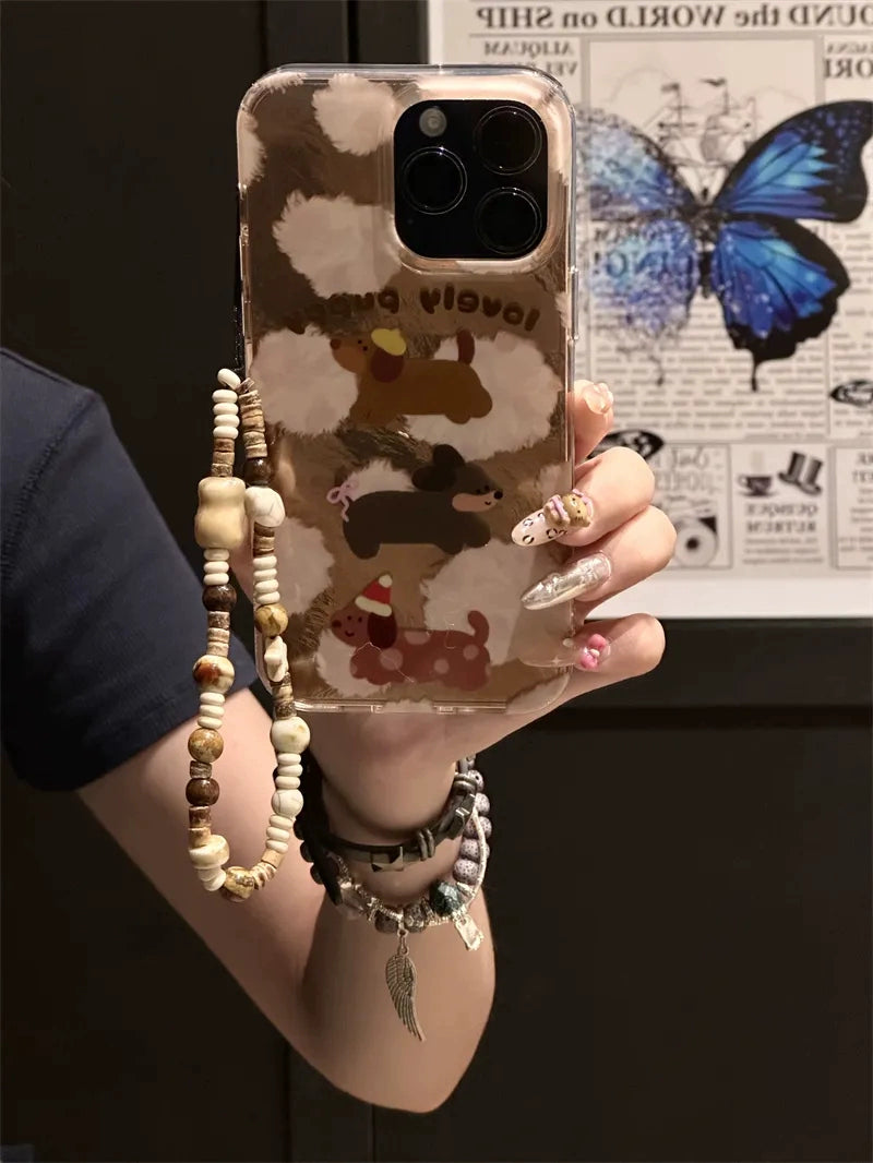 Tin Foil Pattern Dachshund Brown Cute Aesthetic Mobile Phone Case with Mobile Phone Chain Pendant Suitable for iPhone16 iPhone15 iPhone14 iPhone13