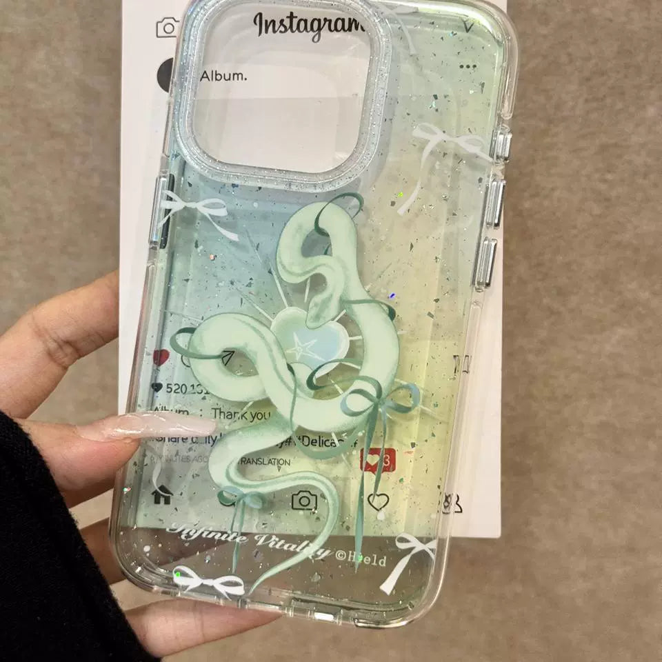 Gradually Change Green Bow Green Snake Transparent Glitter Aesthetic Mobile Phone Case Suitable for iPhone16 iPhone15 iPhone14 iPhone13