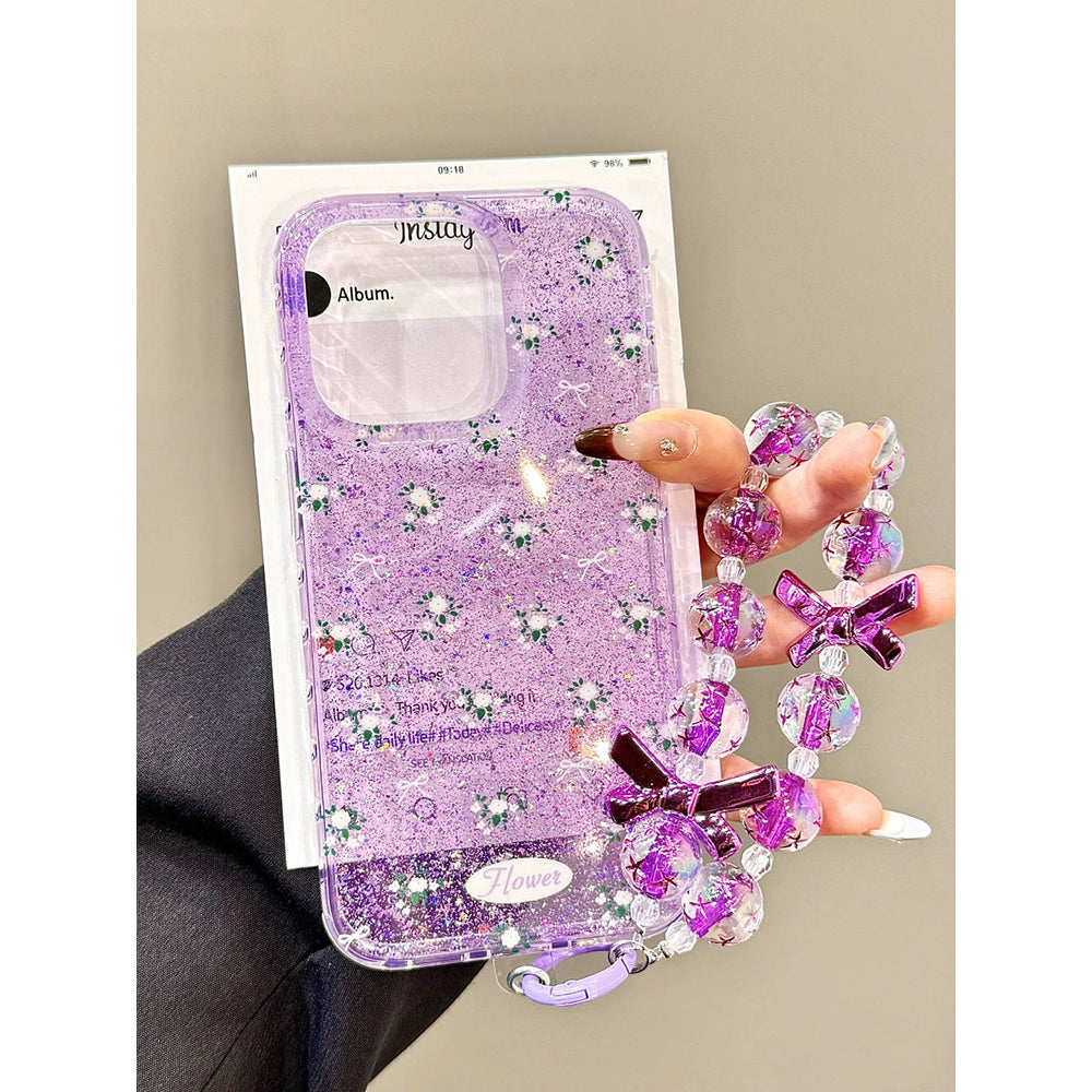 Glitter Translucent Flower Purple Aesthetic Mobile Phone Case with Mobile Phone Chain Pendant, Hand Carry Bead Chain Suitable for iPhone16 iPhone15 iPhone14 iPhone13