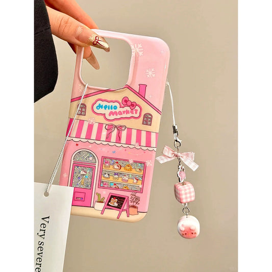 Girly Heart Cute Dessert House Cat Sweet Phone Case with Phone Chain Pendant Suitable for iPhone16 iPhone15 iPhone14 iPhone13