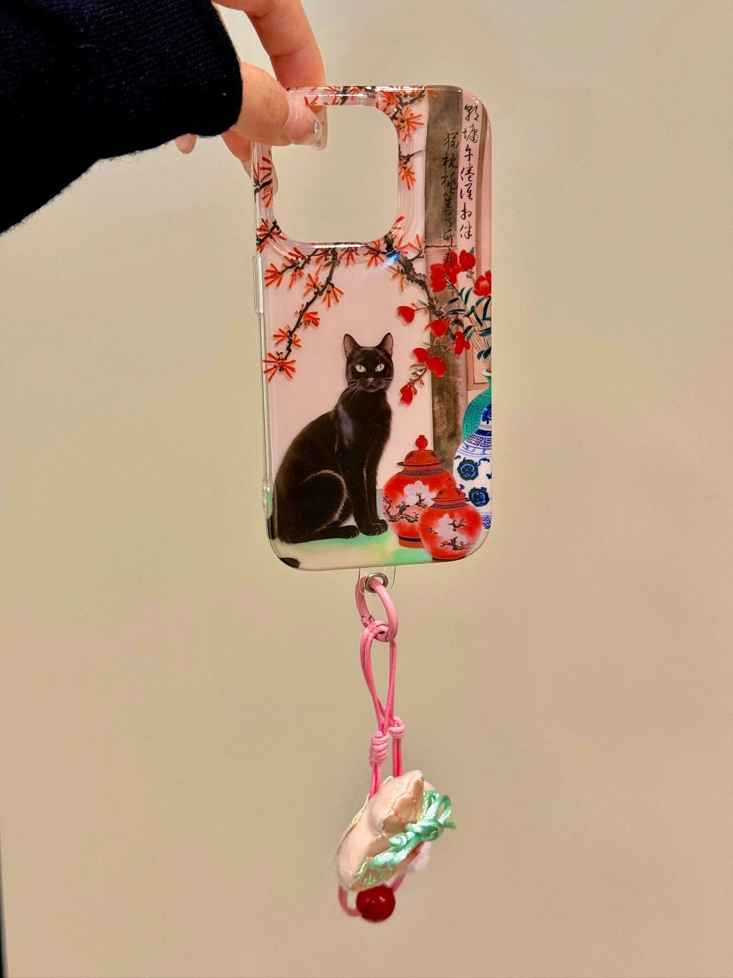 Chinese Style Text Black Cat Ceramic Aesthetic Mobile Phone Case with Mobile Phone Chain Pendant Suitable for iPhone16 iPhone15 iPhone14 iPhone13