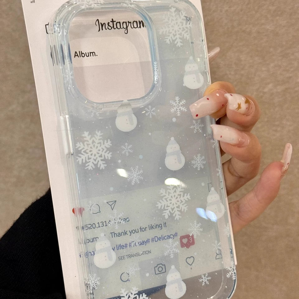 Winter Translucent Snowman Snowflake Clean Aesthetic Mobile Phone Case with Mobile Phone Chain Pendant Suitable for iPhone16 iPhone15 iPhone14 iPhone13