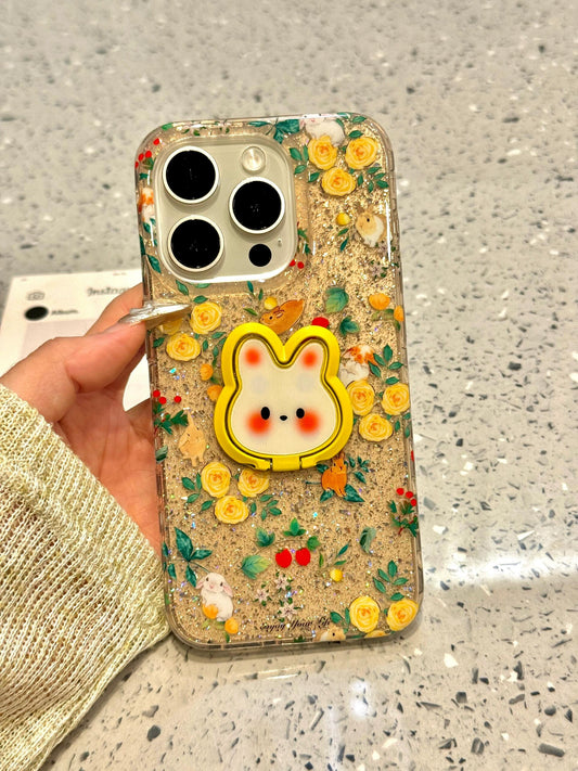 Yellow Flower Rabbit Ring Holder Cute Girl Mobile Phone Case Suitable for iPhone16 iPhone15 iPhone14 iPhone13