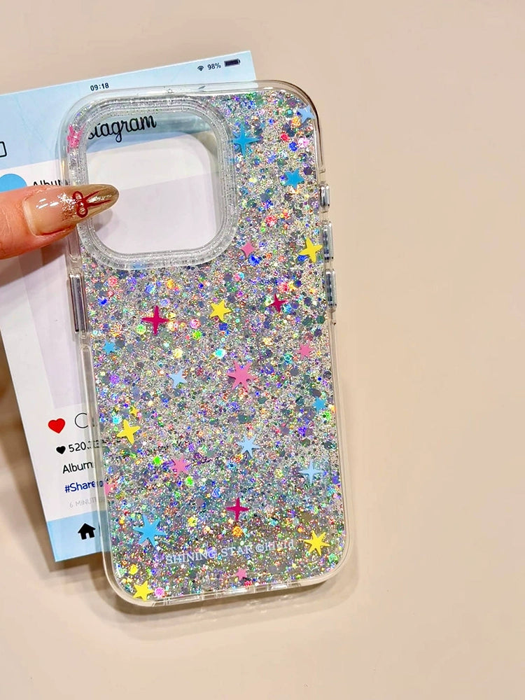 Sequin Double-layer Colored Star Bead Chain Cute Aesthetic Mobile Phone Case Suitable for iPhone16 iPhone15 iPhone14 iPhone13