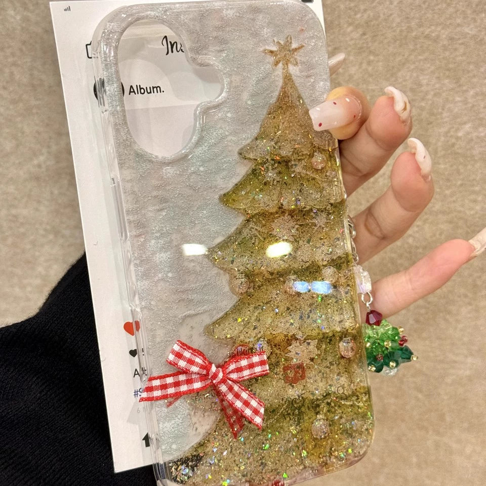 Girl Translucent Bow Christmas Tree Glitter Aesthetic Mobile Phone Case with Mobile Phone Chain Pendant Suitable for iPhone16 iPhone15 iPhone14 iPhone13