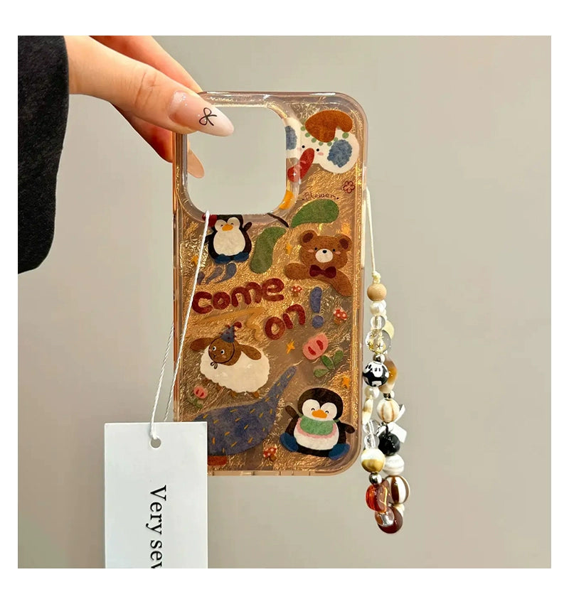 Tin Foil Pattern Cute Little Animal Bracelet Strip Cute Aesthetic Mobile Phone Case with Mobile Phone Chain Pendant Suitable for iPhone16 iPhone15 iPhone14 iPhone13