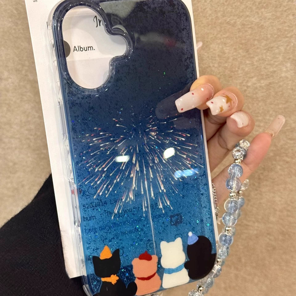 Deep Blue Beautiful Fireworks Cat Cute Back Aesthetic Mobile Phone Case Suitable for iPhone16 iPhone15 iPhone14 iPhone13 with Phone Chain