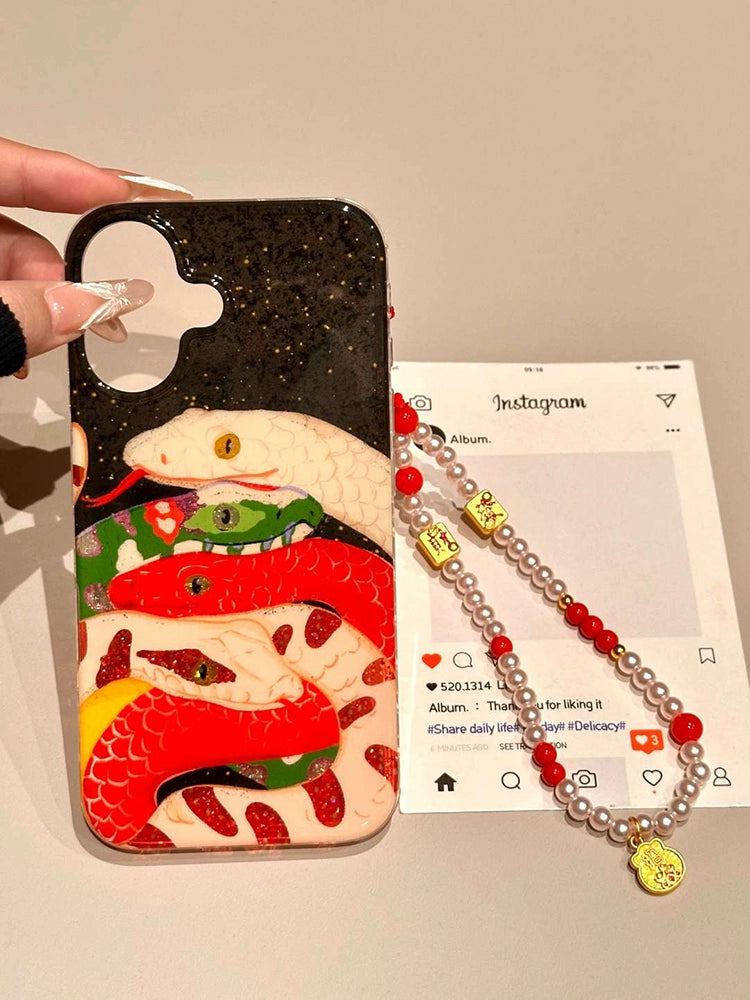 Black Background Glitter Color Python Lucky Aesthetic Mobile Phone Case Suitable for iPhone16 iPhone15 iPhone14 iPhone13