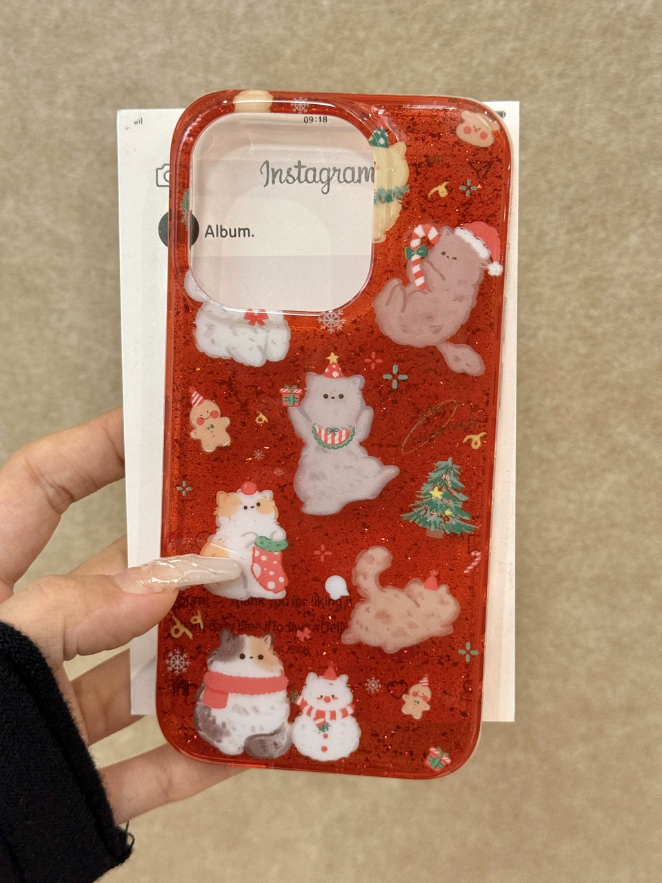 Red Glitter Cat Christmas Tree Gingerbread Man Aesthetic Phone Case Suitable for iPhone16 iPhone15 iPhone14 iPhone13