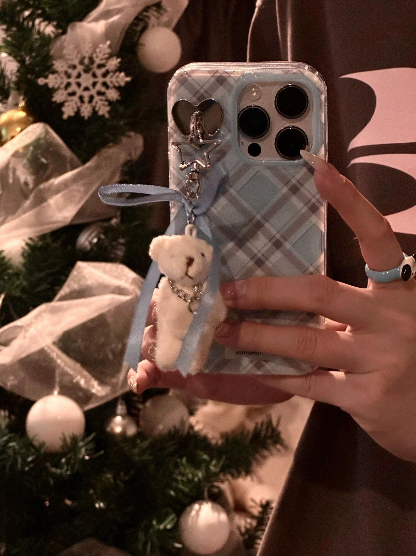 Sweet Sister Blue Plaid Bow Aesthetic Mobile Phone Case with Plush Bear Pendant Mobile Phone Chain Suitable for iPhone16 iPhone15 iPhone14 iPhone13