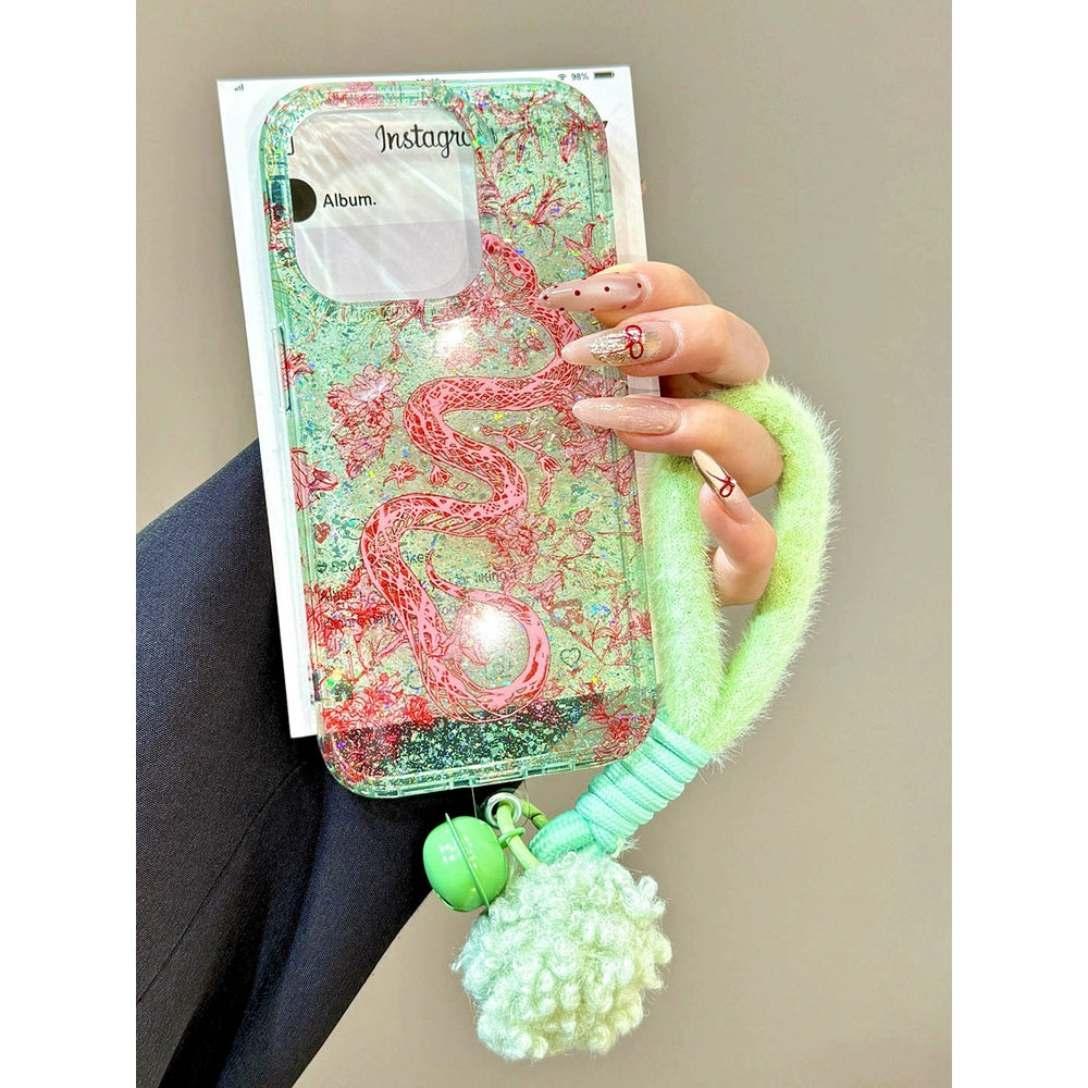 Sequined Double-layer Pink Dragon Bell Green Aesthetic Mobile Phone Case with Hand Strap Mobile Phone Chain Pendant Suitable for iPhone16 iPhone15 iPhone14 iPhone13