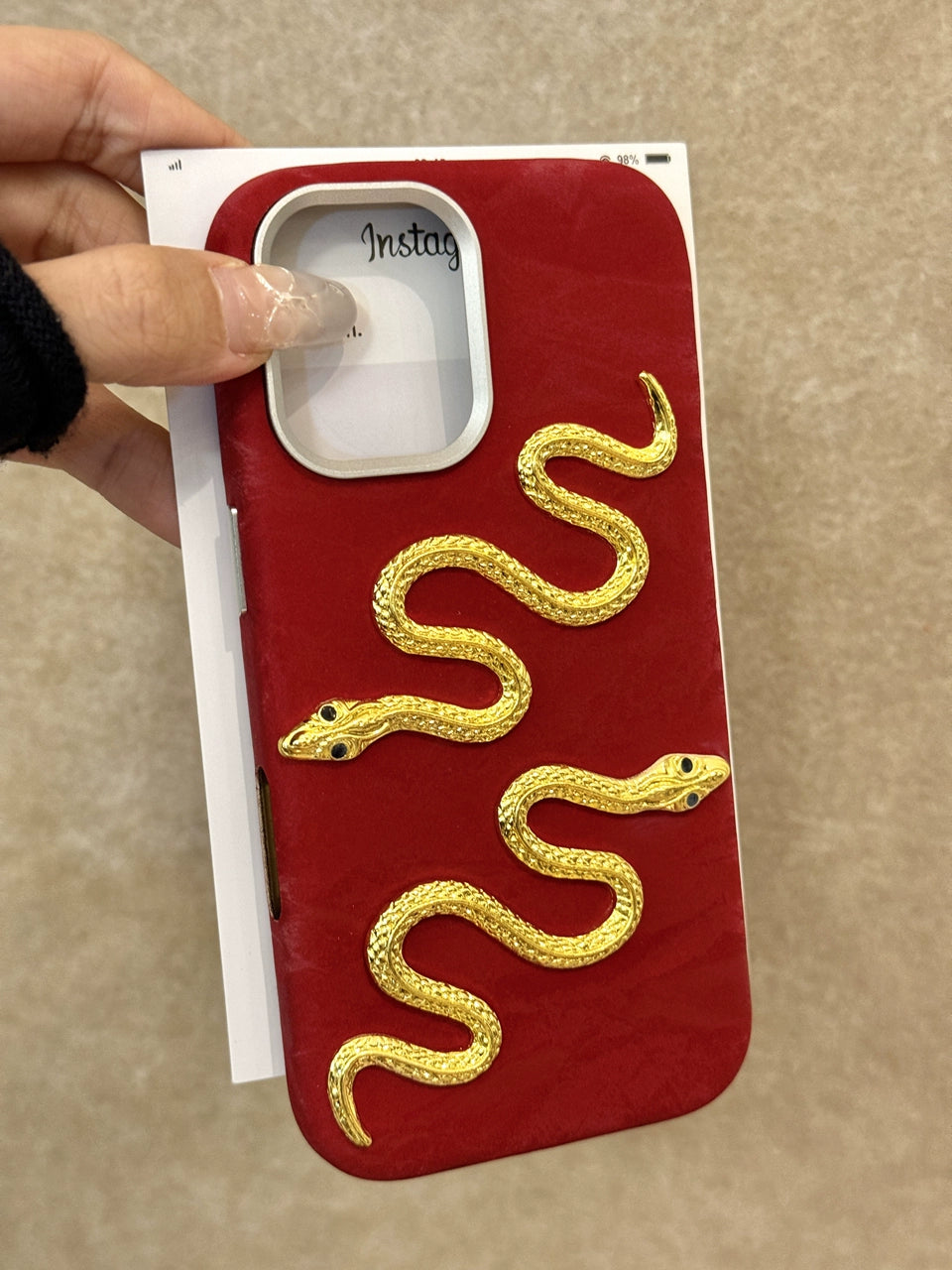 Retro Golden Snake Red Velvet Background Phone Case Suitable for iPhone16 iPhone15 iPhone14 iPhone13