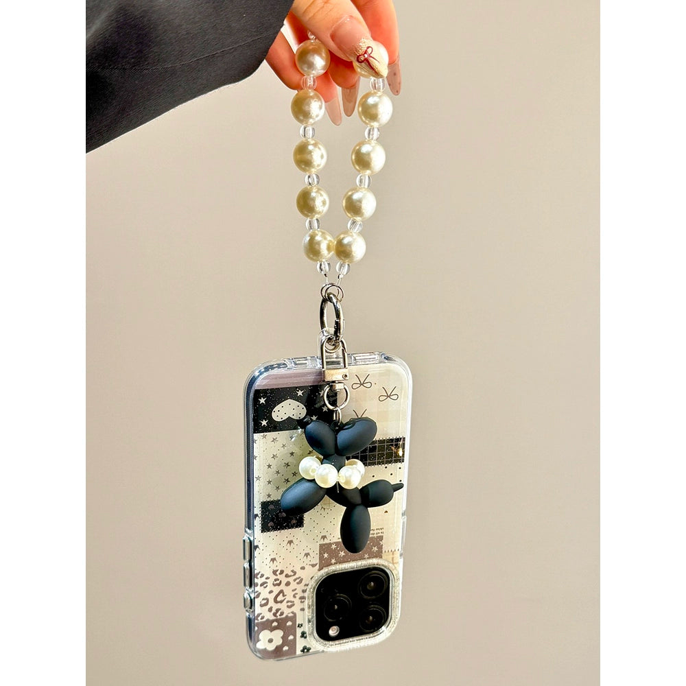 Black and White Grid Splicing Love Cute Sweet Aesthetic Mobile Phone Case with Mobile Phone Chain Pendant Suitable for iPhone16 iPhone15 iPhone14 iPhone13