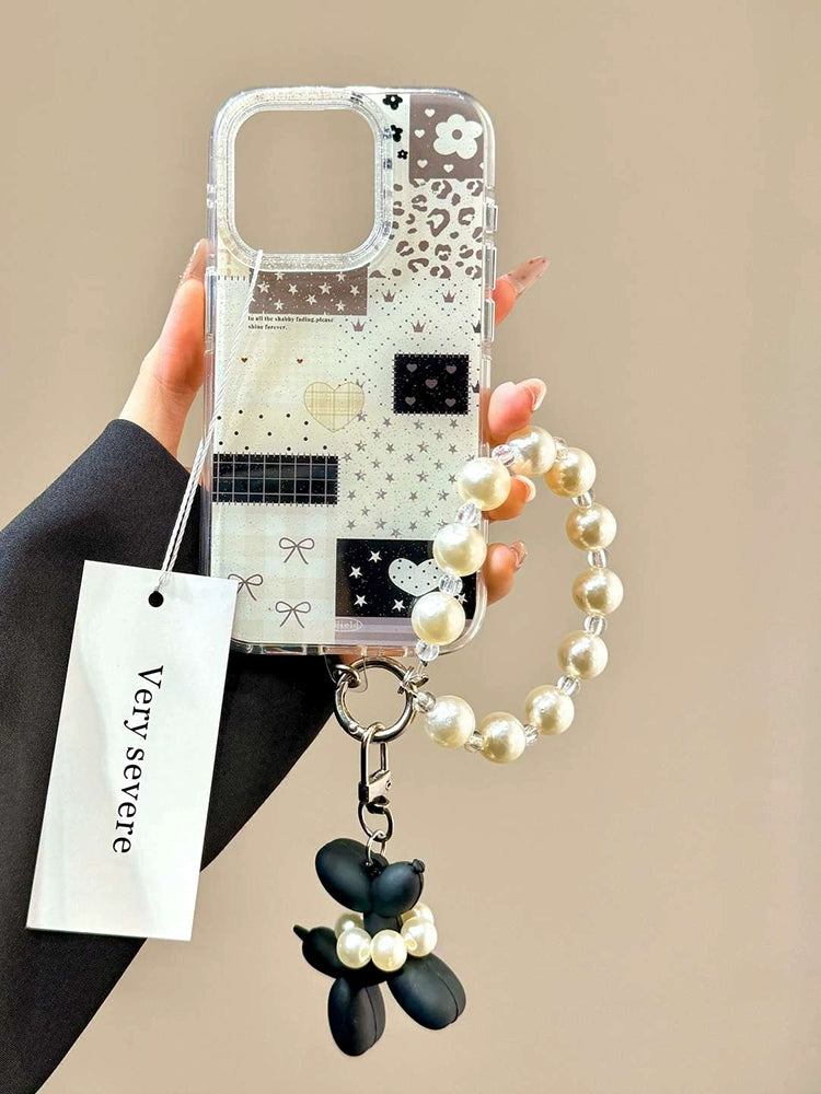 Black and White Grid Splicing Love Cute Sweet Aesthetic Mobile Phone Case with Mobile Phone Chain Pendant Suitable for iPhone16 iPhone15 iPhone14 iPhone13