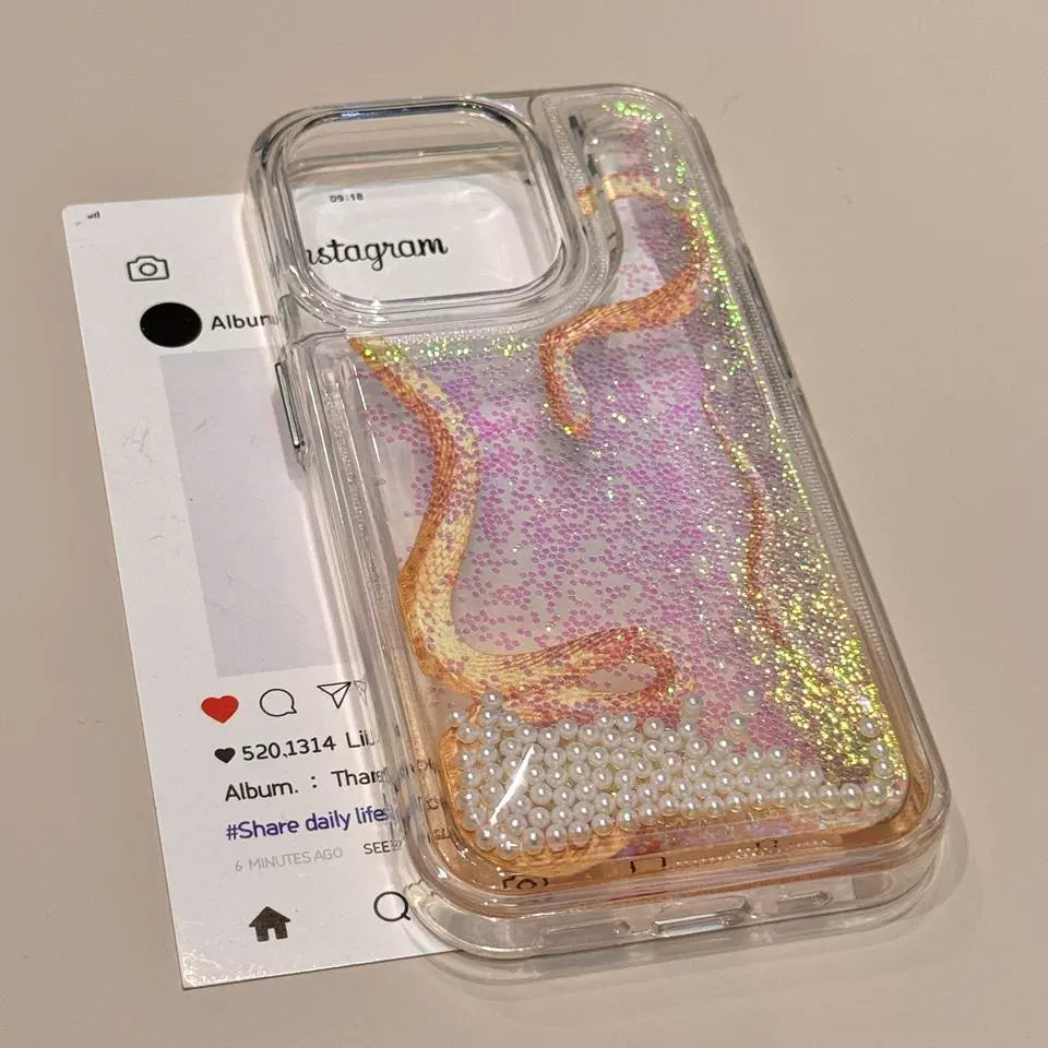 Pearl Quicksand Snake Transparent Three-dimensional Art Aesthetic Mobile Phone Case Suitable for iPhone16 iPhone15 iPhone14 iPhone13