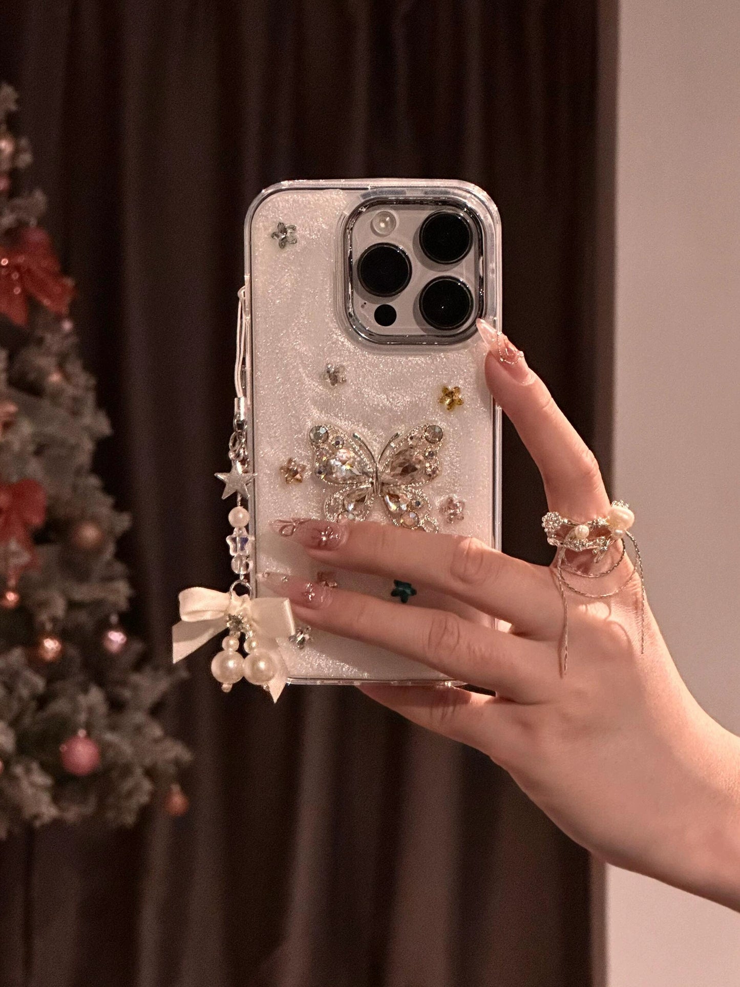 Shiny Rhinestone Three-dimensional Butterfly Snowflake Epoxy Aesthetic Mobile Phone Case with Bow Pearl Mobile Phone Chain Pendant Suitable for iPhone16 iPhone15 iPhone14 iPhone13