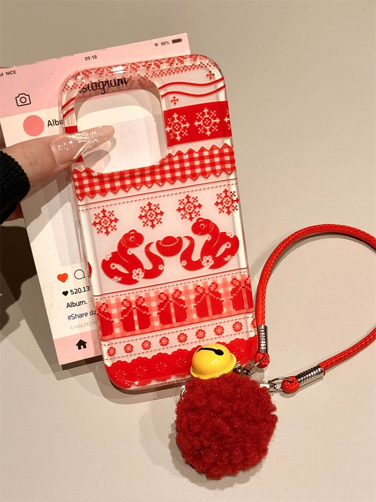 Red Background Snowflake Ingot Snake Lucky Phone Case Suitable for iPhone16 iPhone15 iPhone14 iPhone13