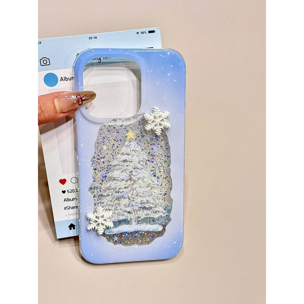 Sequin Glitter Christmas Tree Three-dimensional Snowflake Hairball Mobile Phone Case with Mobile Phone Chain Pendant Suitable for iPhone16 iPhone15 iPhone14 iPhone13