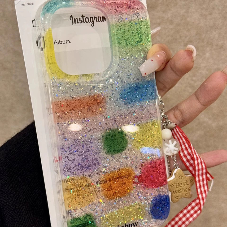 Translucent Glitter Square Color Block Rainbow Color Art Aesthetics Mobile Phone Case with Mobile Phone Chain Pendant Suitable for iPhone16 iPhone15 iPhone14 iPhone13