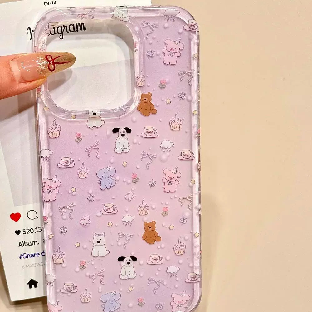 Cute Purple Bottom Small Animal Dog Bracket Aesthetic Mobile Phone Case Suitable for iPhone16 iPhone15 iPhone14 iPhone13