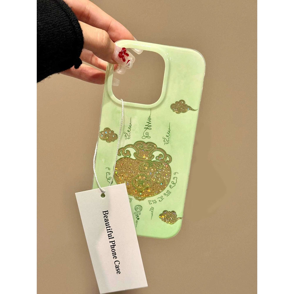 Chinese Style Green Background Auspicious Cloud Hollow Blessing Word Tip Bag Aesthetic Mobile Phone Case Suitable for iPhone16 iPhone15 iPhone14 iPhone13