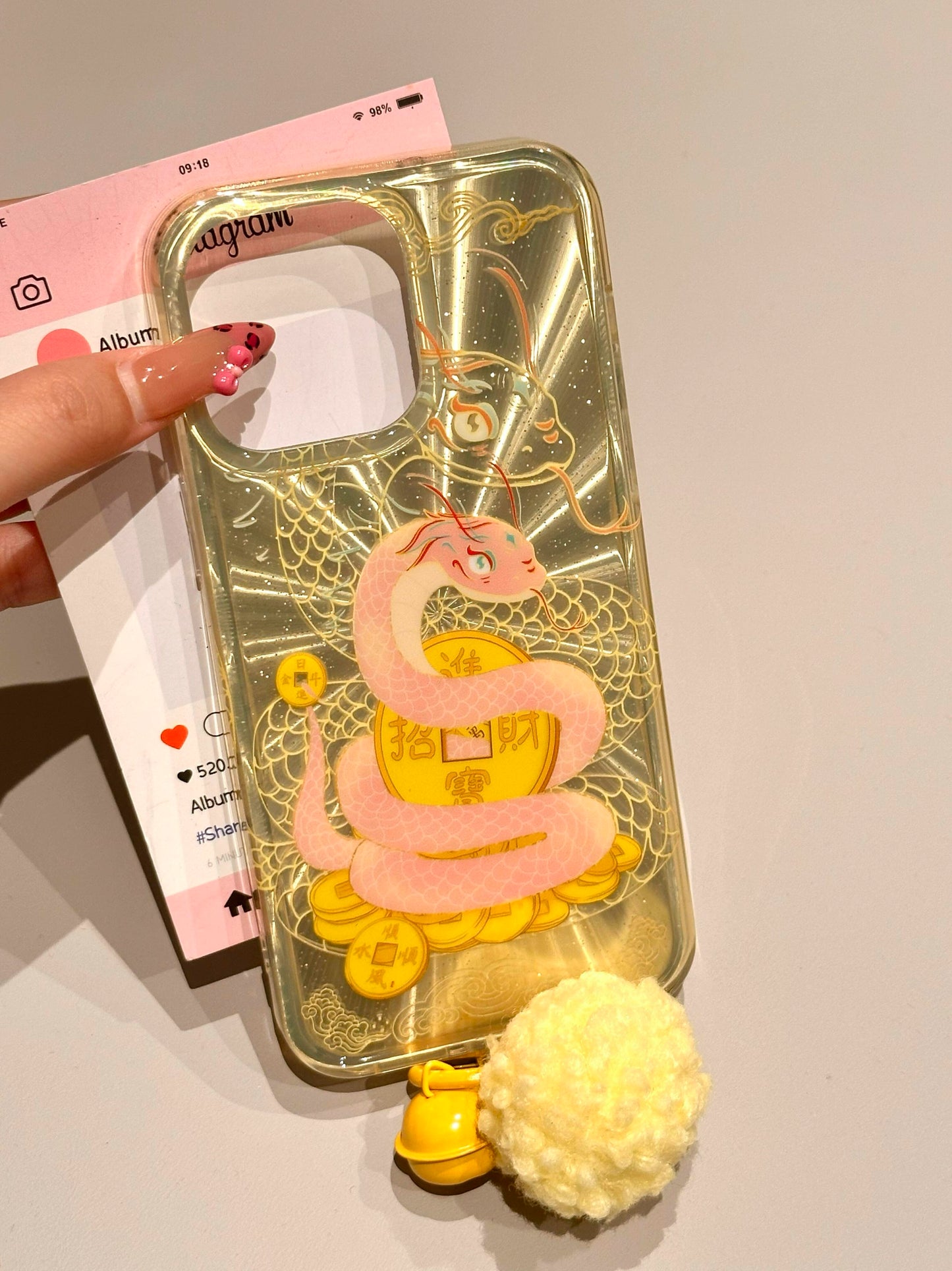 Golden Fortune Means Gold Bottom Ingot Pink Snake Aesthetics Double-sided Mobile Phone Case All-inclusive Mobile Phone Case Suitable for iPhone16 iPhone15 iPhone14 iPhone13