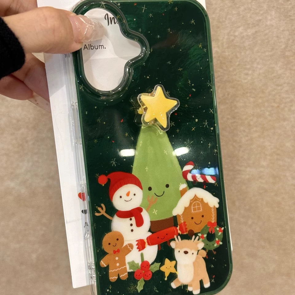 Elk Snowman Christmas Tree Gingerbread Man Green Bottom Snowflake Cute Aesthetic Phone Case Suitable for iPhone16 iPhone15 iPhone14 iPhone13