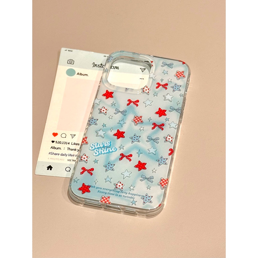 Blue Bottom Bow Star Cute Phone Case Suitable for iPhone16 iPhone15 iPhone14 iPhone13