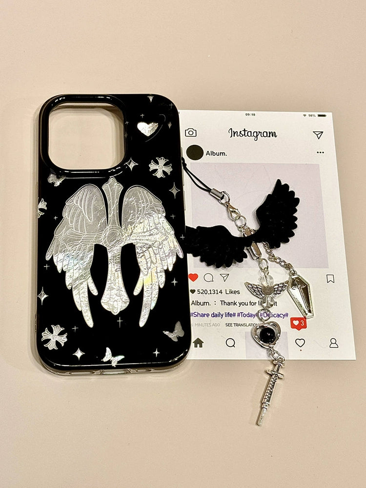 Tin Foil Pattern Silver Cross Wing Pendant Dark Aesthetic Mobile Phone Case with Mobile Phone Chain Pendant Suitable for iPhone16 iPhone15 iPhone14 iPhone13