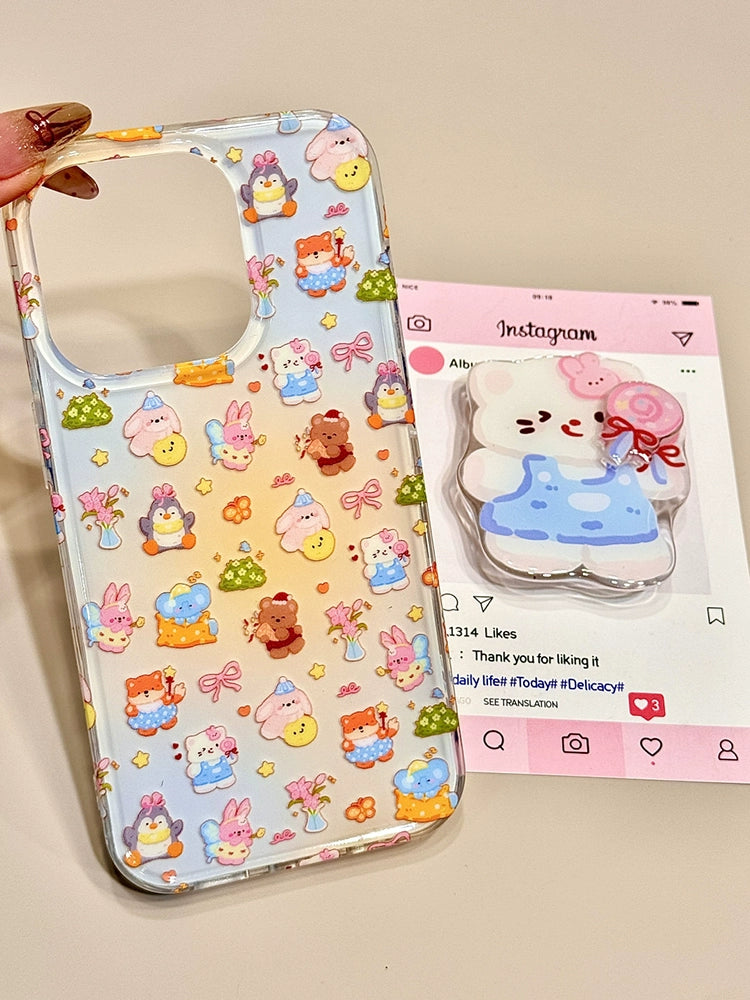 Cute Smudged Small Animal Lollipop Cat Holder Mobile Phone Case Suitable for iPhone16 iPhone15 iPhone14 iPhone13