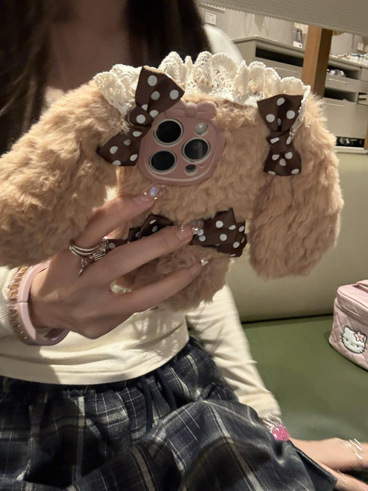 Brown Plush Polka Dot Bow Long-eared Rabbit Cute Phone Case Suitable for iPhone16 iPhone15 iPhone14 iPhone13