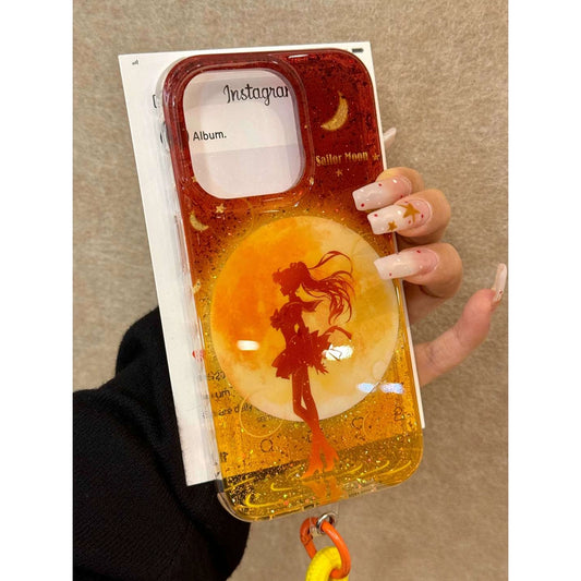 Translucent Gradual Change Color Moon Beauty Girl Aesthetic Girl Mobile Phone Case with Mobile Phone Chain Pendant Suitable for iPhone16 iPhone15 iPhone14 iPhone13