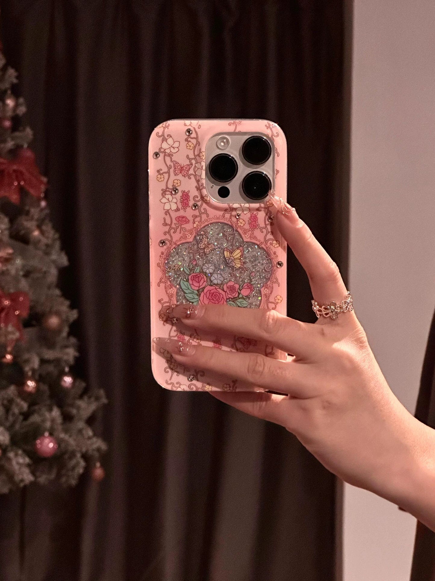 Aesthetic Pink Hollow Flower Butterfly Glitter Double-layer Mobile Phone Case Suitable for iPhone16 iPhone15 iPhone14 iPhone13