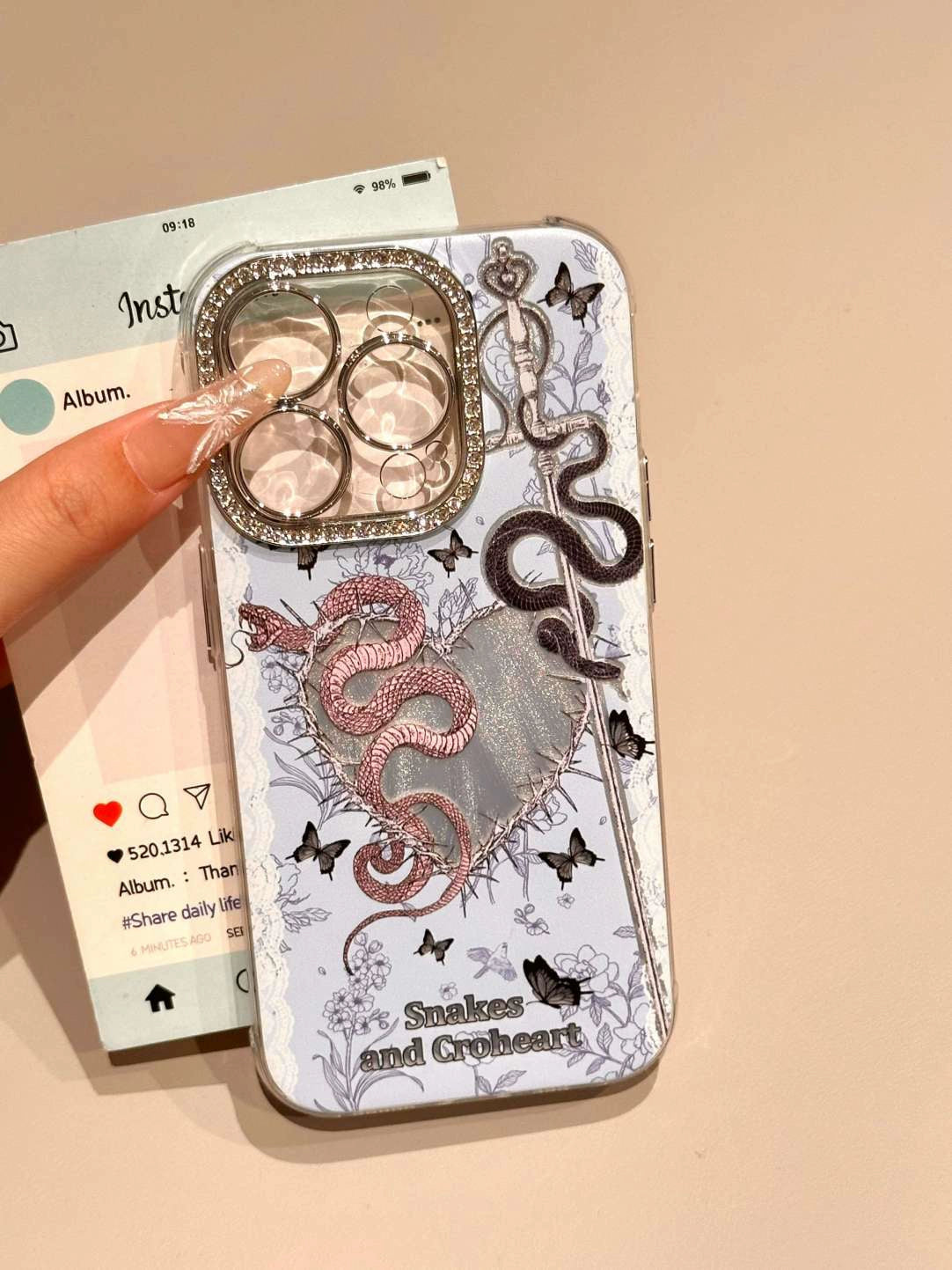 Foundation Line Drawing Butterfly Snake Diamond Lens Art Aesthetics Mobile Phone Case Suitable for iPhone16 iPhone15 iPhone14 iPhone13