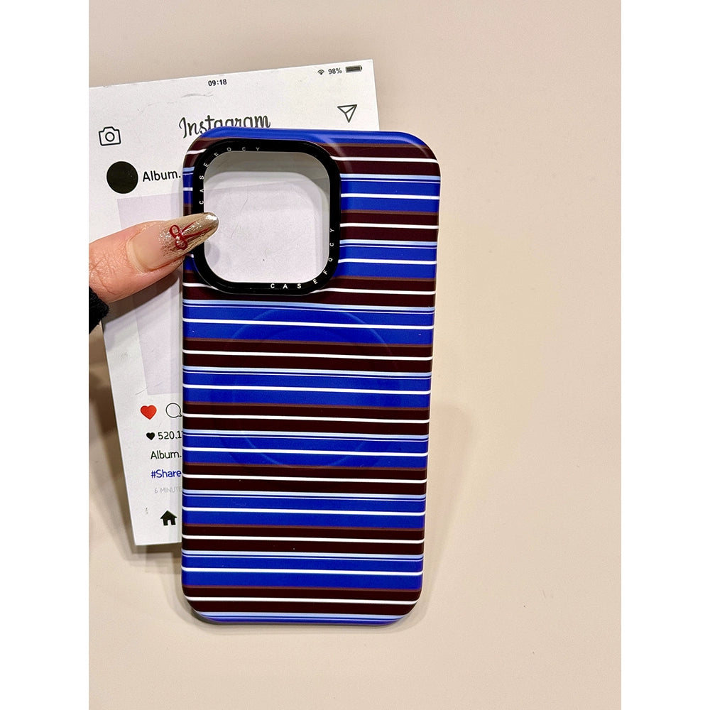 Blue Brown Striped Magnetic Bracket Mobile Phone Case Suitable for iPhone16 iPhone15 iPhone14 iPhone13