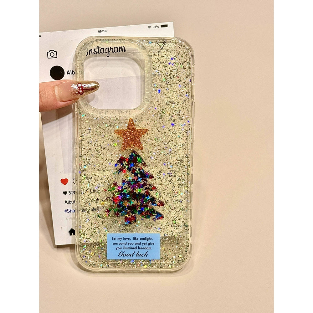 Sequined Double-layer Three-dimensional Star Christmas Tree Mobile Phone Case with Mobile Phone Chain Pendant Suitable for iPhone16 iPhone15 iPhone14 iPhone13